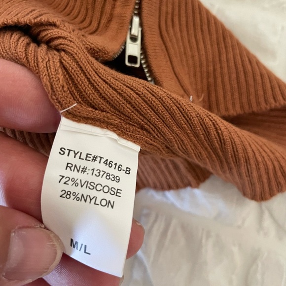 Debut Tan Ribbed Front Zip Long Sleeve Crop - Picture 6 of 6